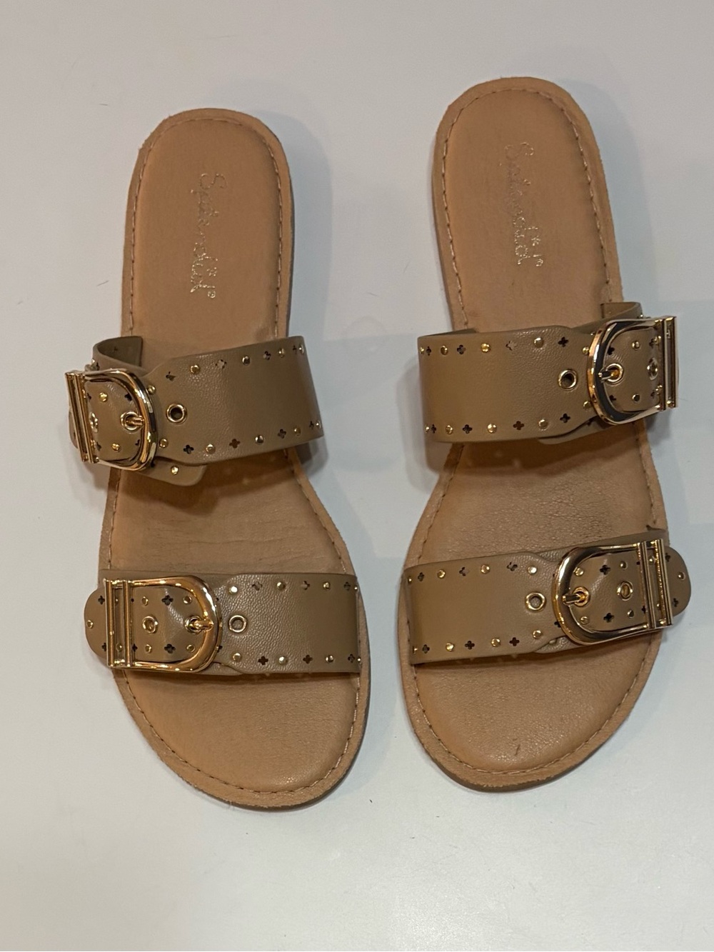 Double-Buckle Tan Slide Sandals with Gold Studs